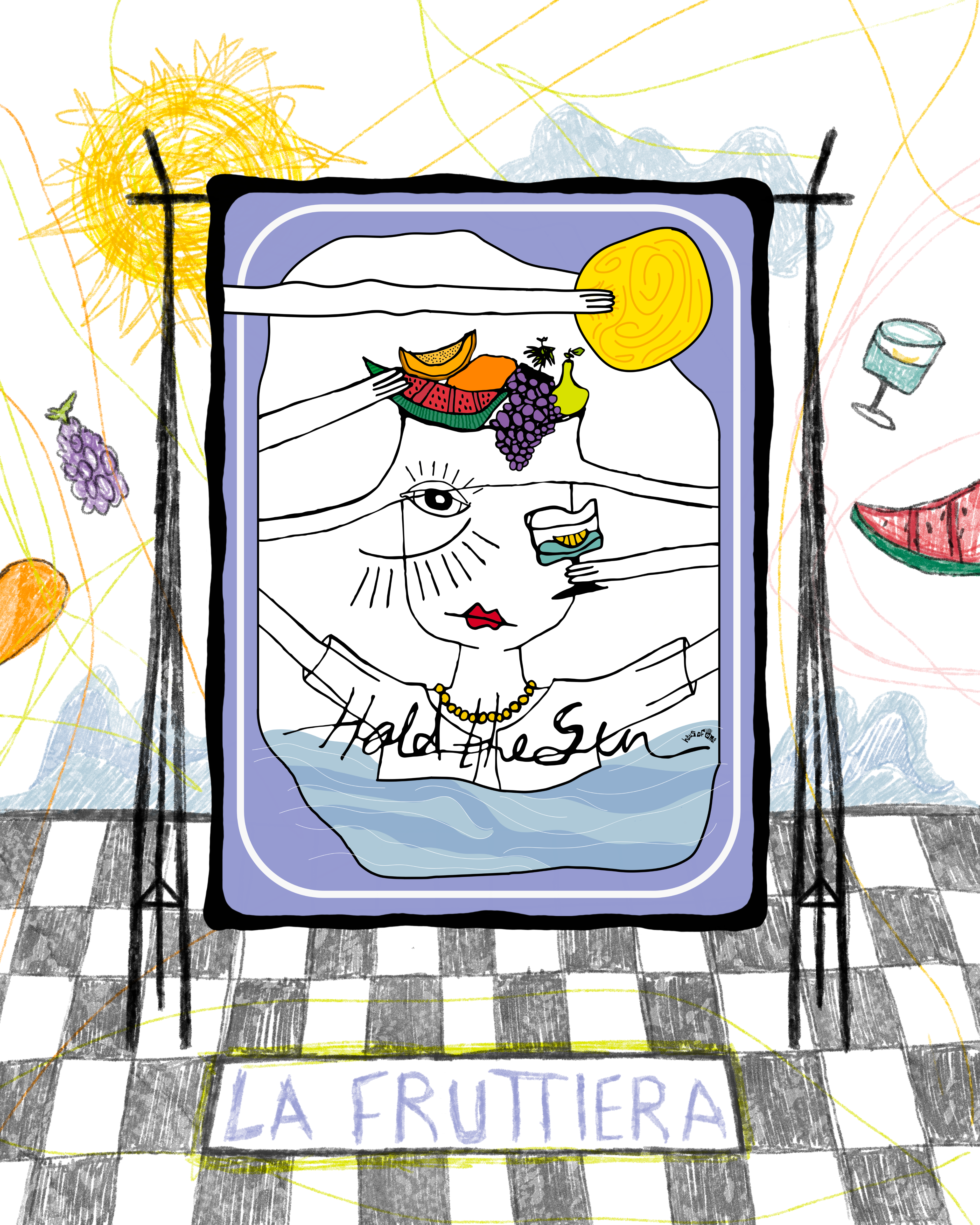 Illustration of a person with fruit-themed elements and 'La Fruttiera' branding on a checkered background.